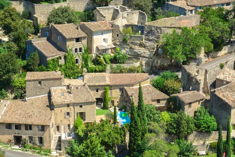 an aerial view of a village that contains buildings and trees