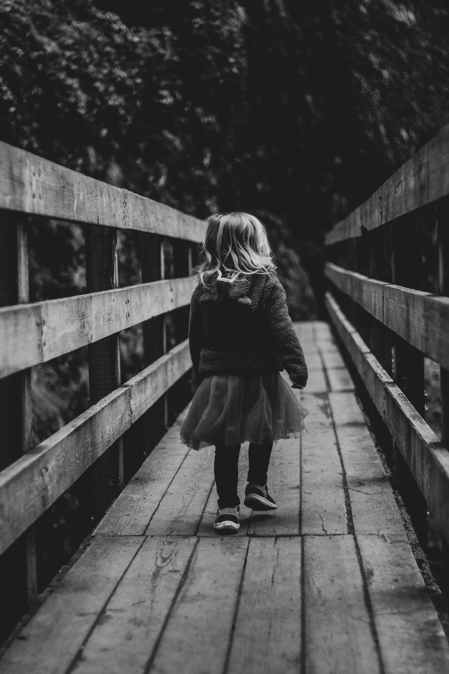 a little girl standing on a wooden bridge