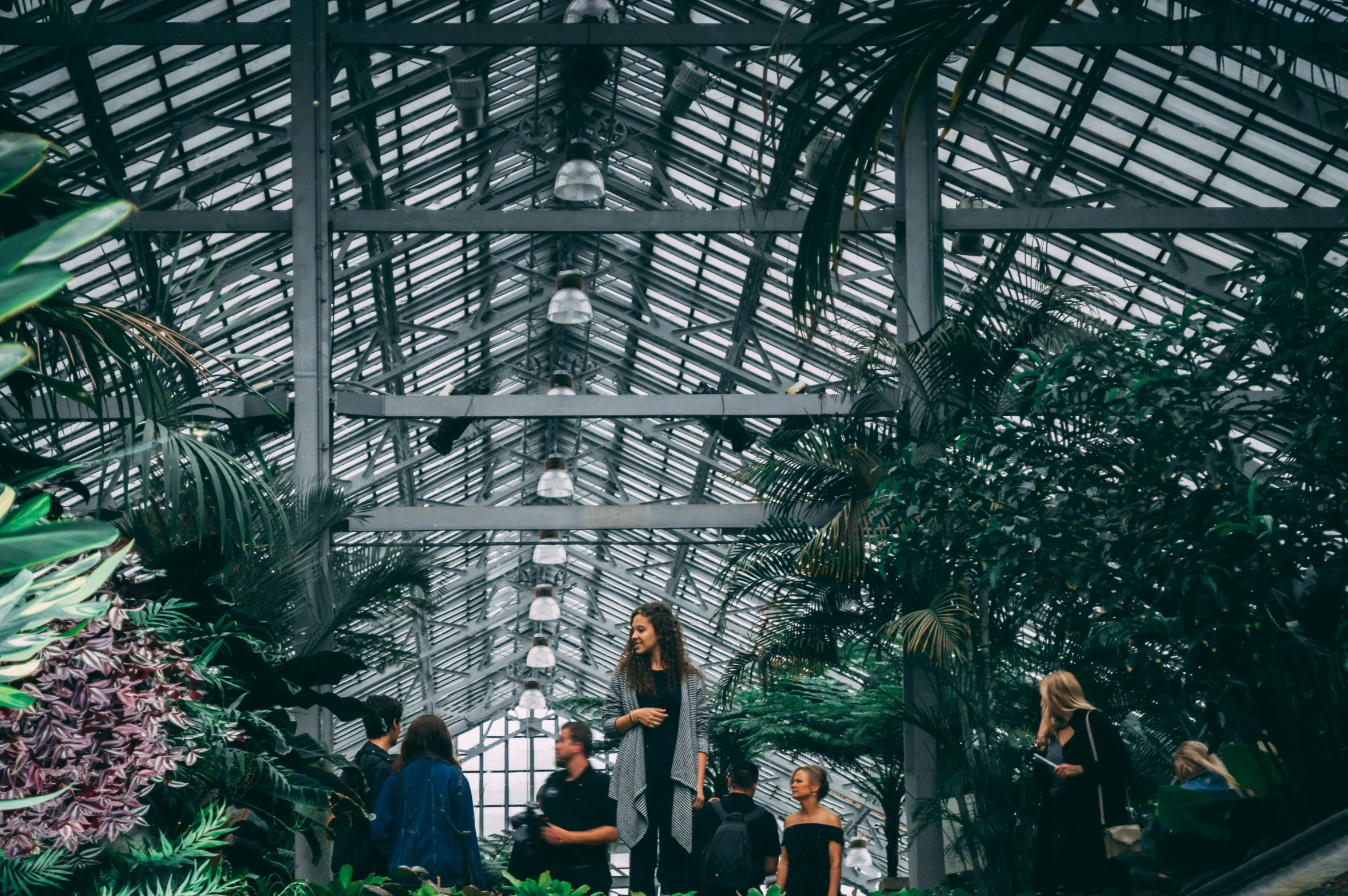 some people sitting and standing in the palm house