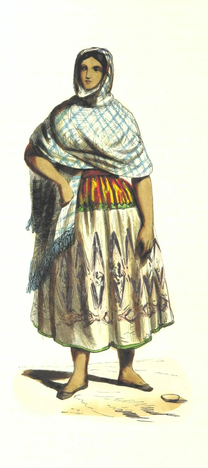 an old drawing of a woman standing