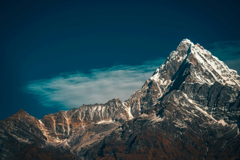 the mountain with snow on it is shining in the night