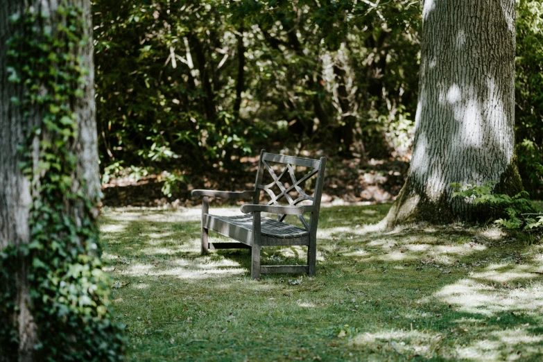 an empty wooden bench sitting on top of grass