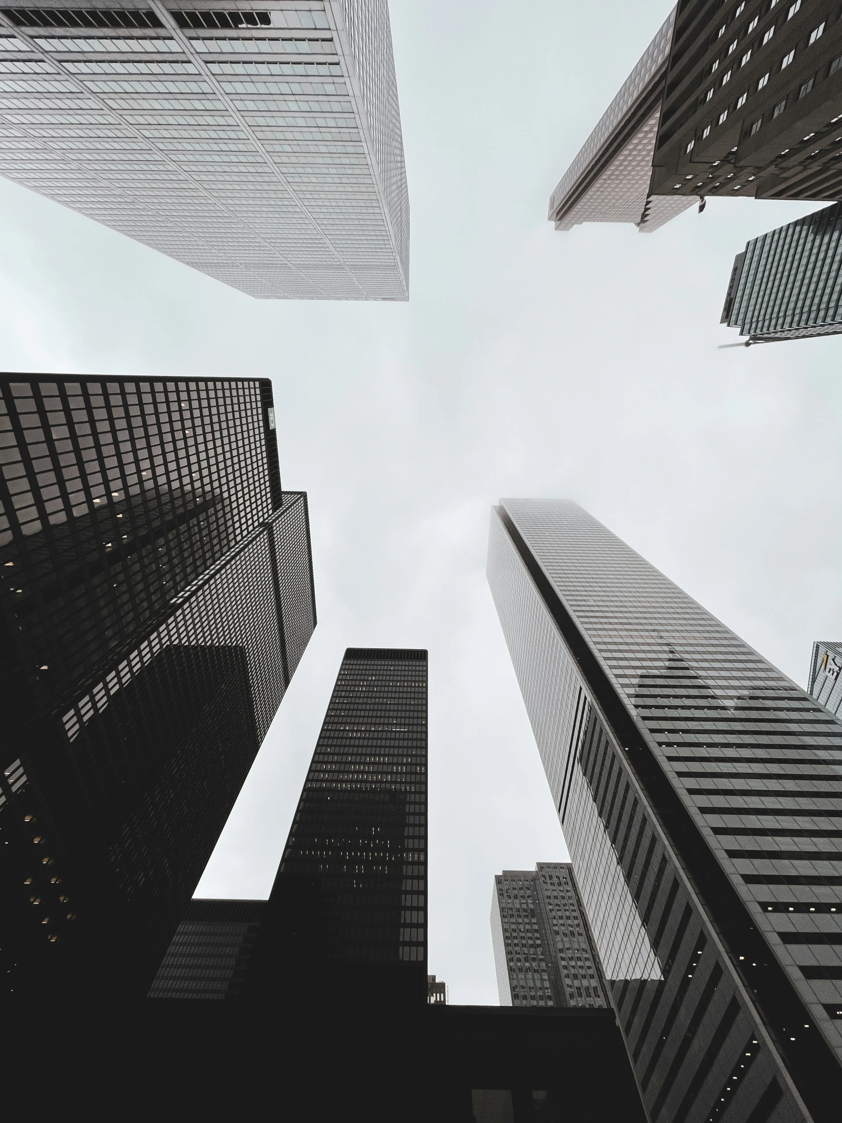 an upward view of skyscrs from ground level