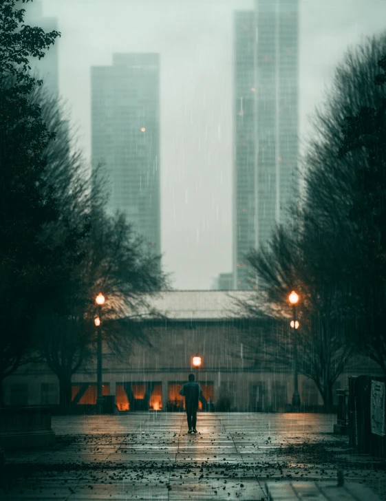 a person walking in the rain in the middle of a park