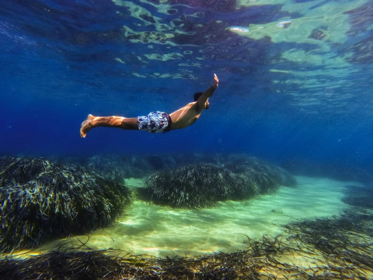 there is a man swimming on the ocean