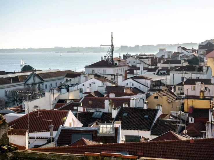 a very wide view of a harbor with houses