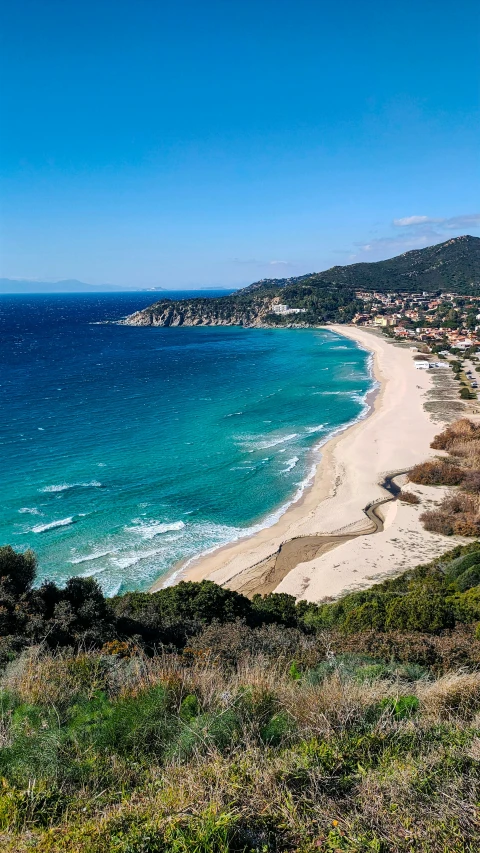 blue water and white sand surround the ocean