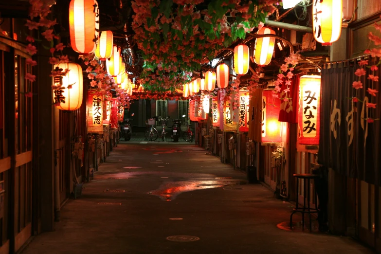 many lanterns hanging from the ceiling and lights all around