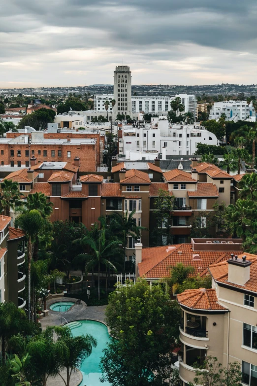 the rooftops of a cityscape are surrounded by tall buildings