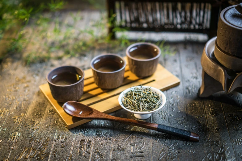 a tea tray with some bowls and spoons