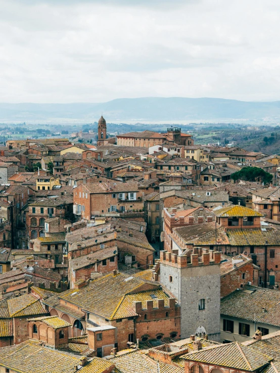 a city has roofs with a tall clock tower