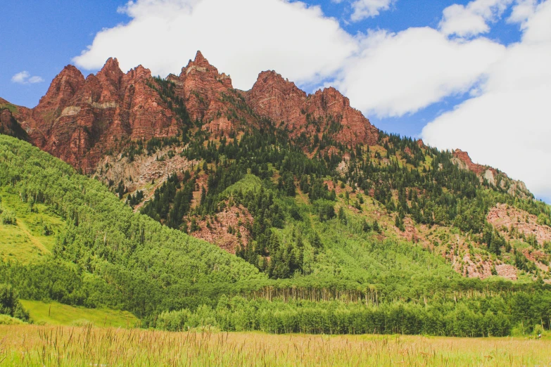 green mountain side is surrounded by green grass