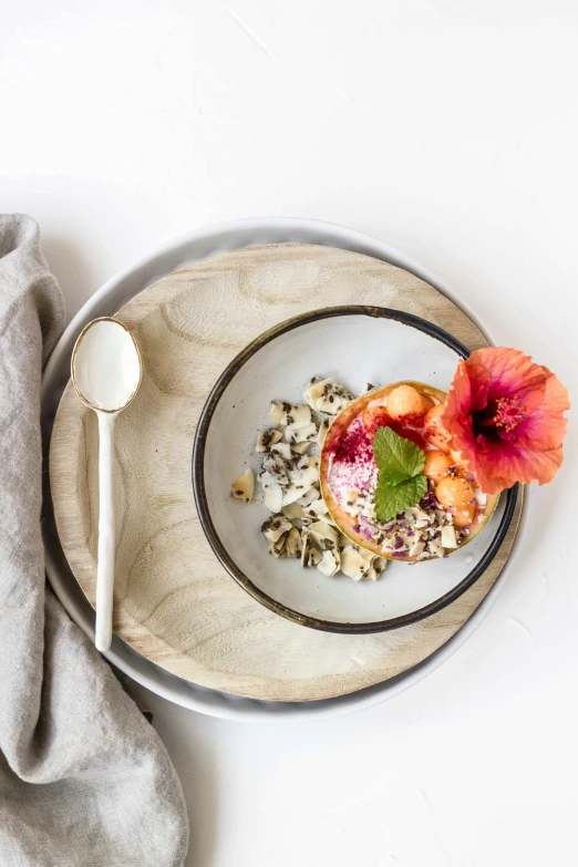 a table with a bowl, spoon and some food on it