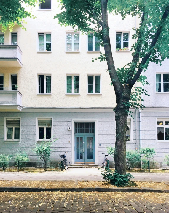 a white apartment building is pictured near the trees