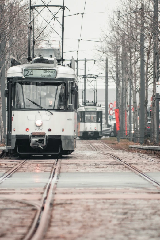 two trains traveling down a railway tracks near trees