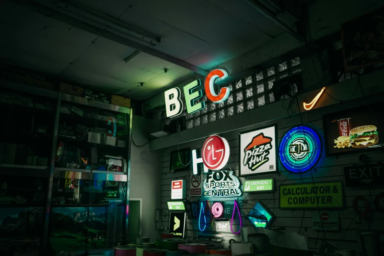 a colorful neon sign in a bar with lots of neon lights