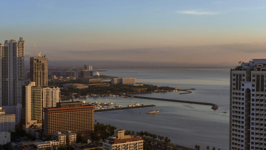 aerial view of a marina in an urban city