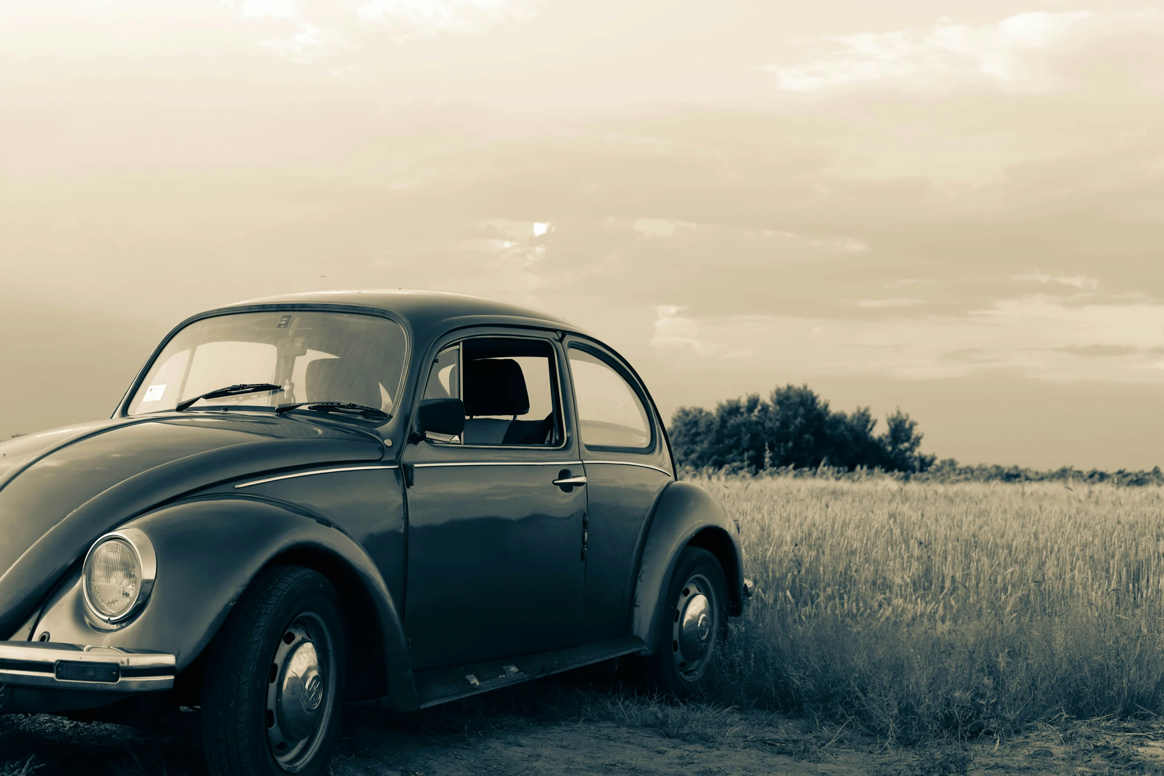 an old, black car sits in a field