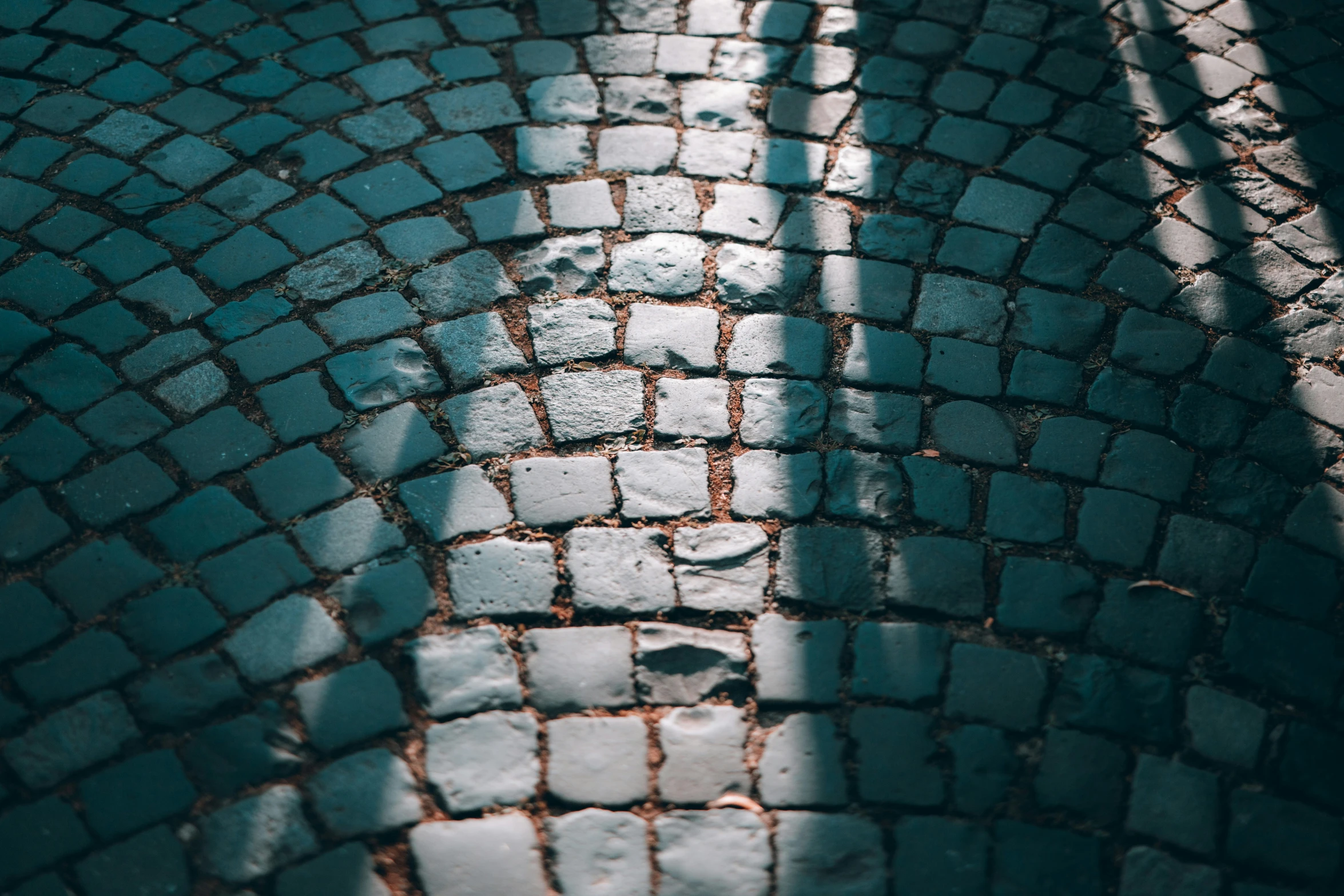 a view of a cobblestone street at night, from the floor