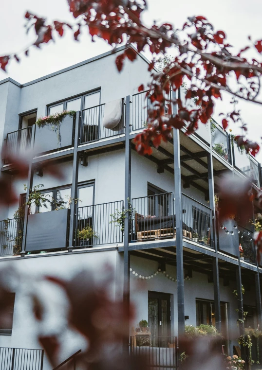 an apartment building with flowers and trees in the background