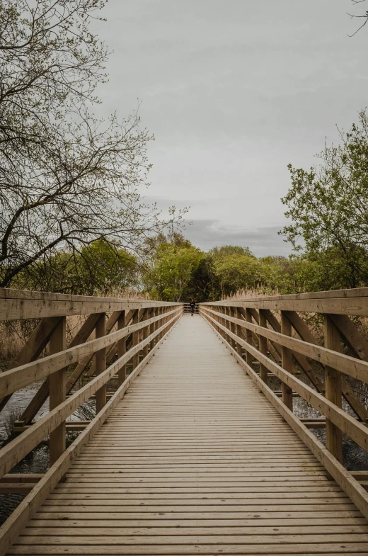 a small wooden bridge crossing an open field