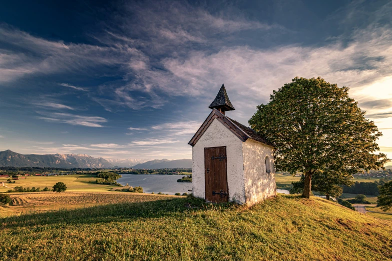 an old white building is by a tree on the grass