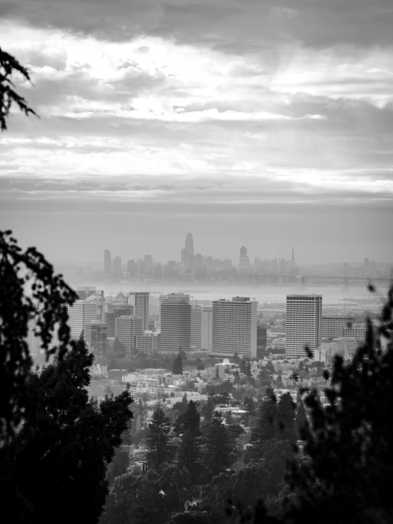 a black and white view of a city skyline