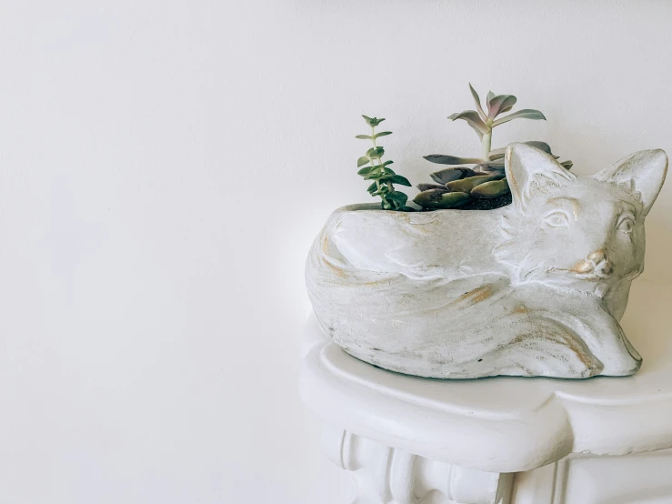 small plants sitting inside a ceramic animal planter