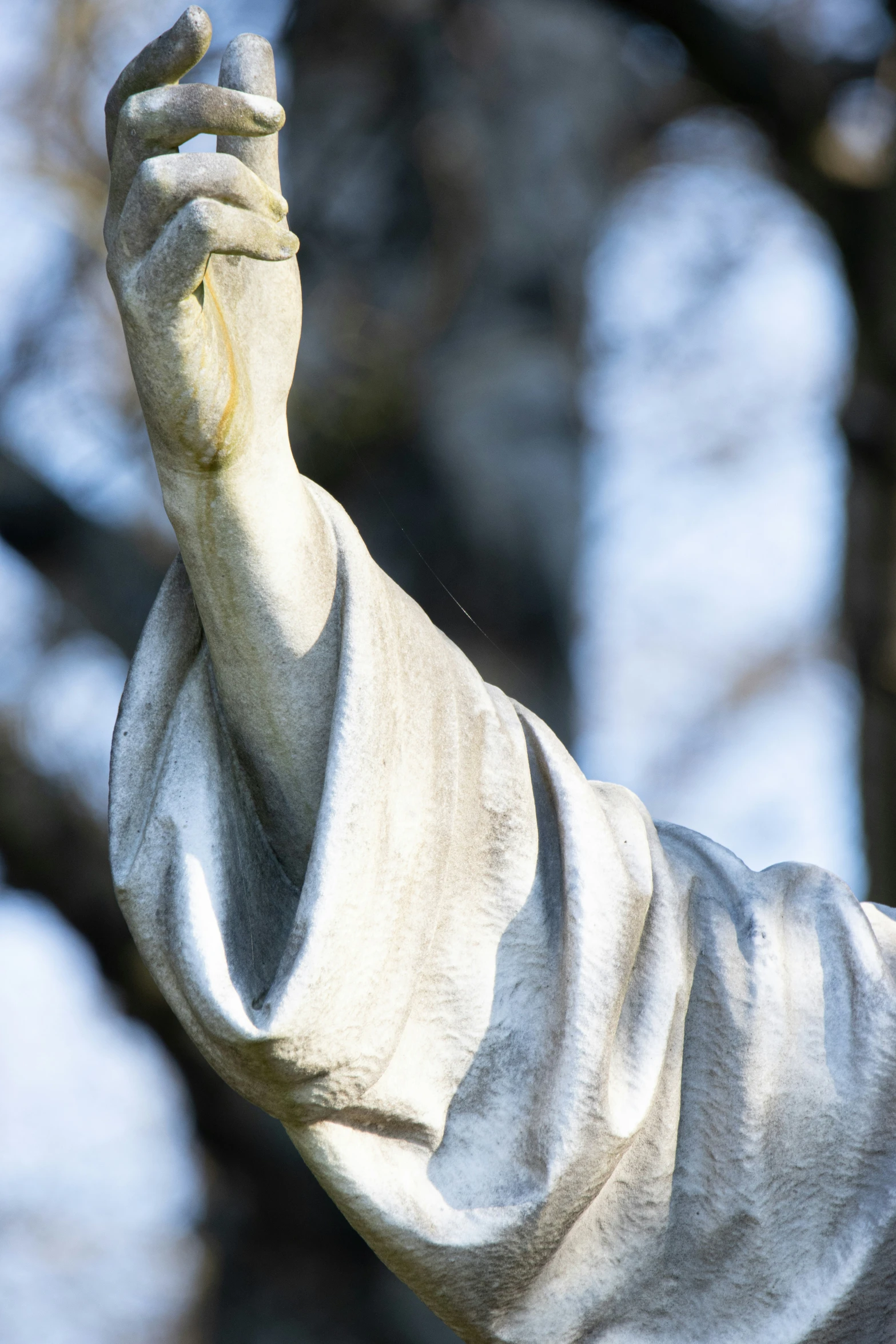 statue with raised hand in front of trees and snow