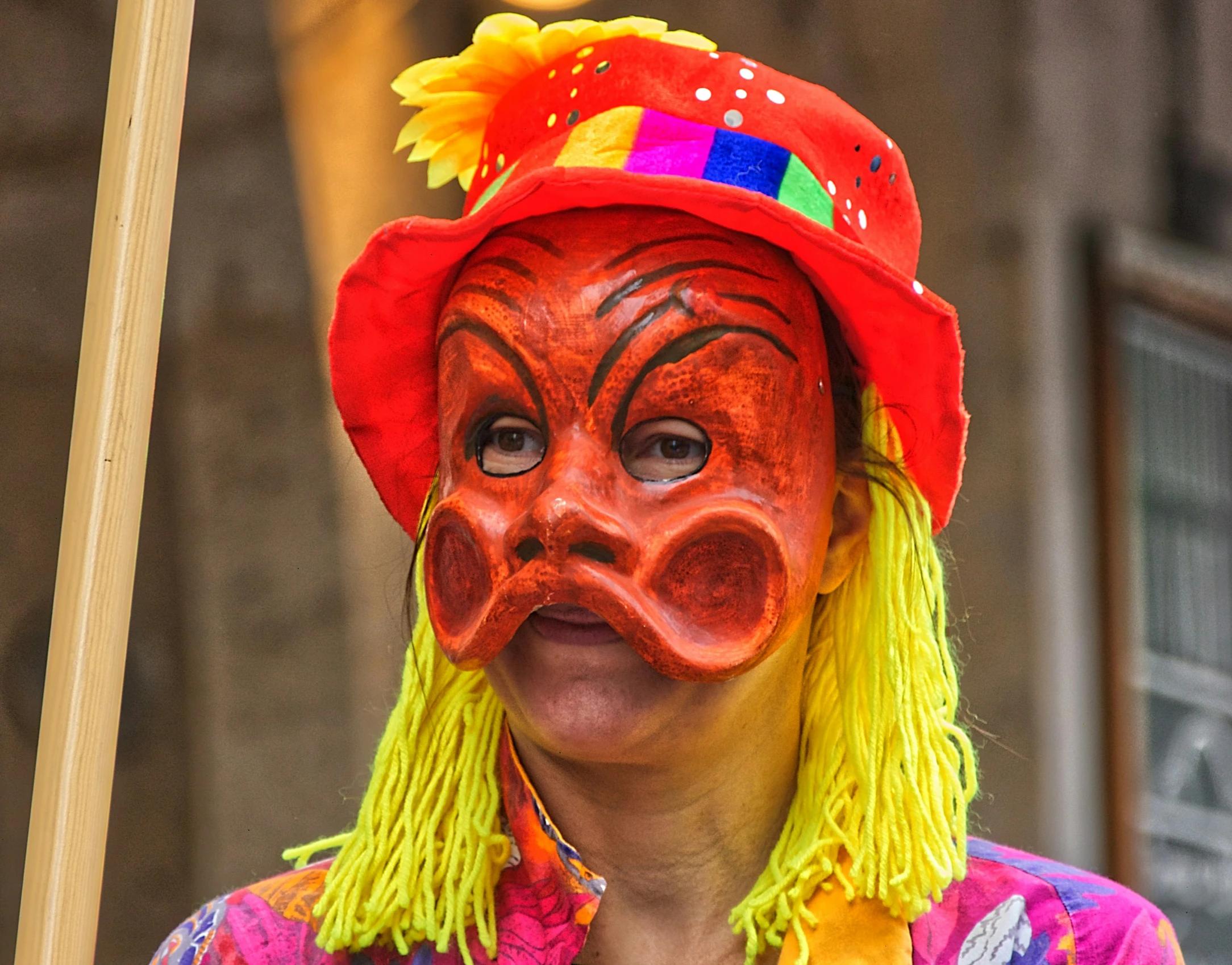 the face of a man wearing a hat and tassel with a plastic nose, painted with different colors