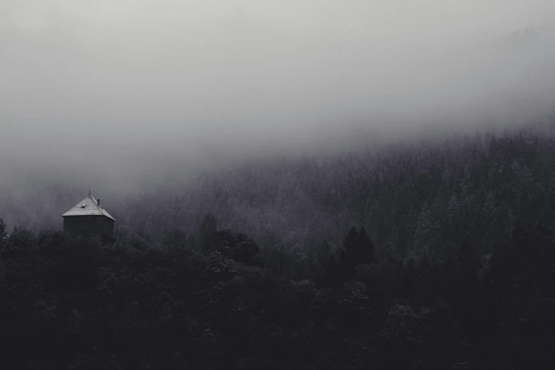 a foggy night in a forest with a building sitting on the hill