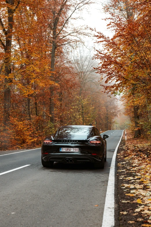a black car on a rural road near trees