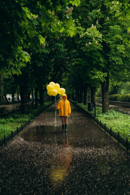 man with two balloons walking down rain - covered road