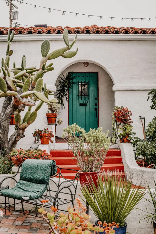 a view of an outside of a house with potted plants