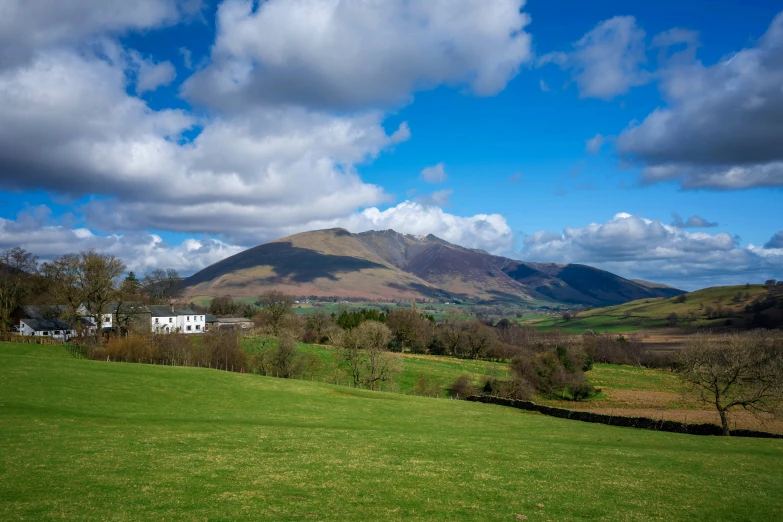 a large grassy field has a house and mountains in the background