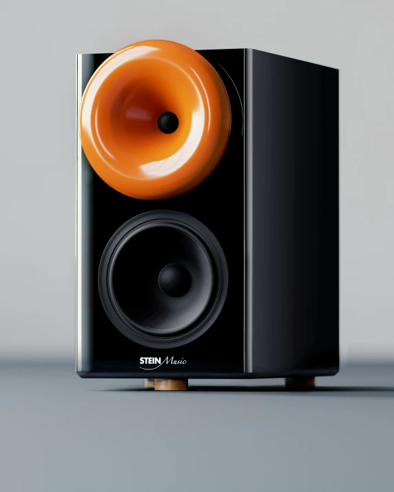 a speaker with orange  on it