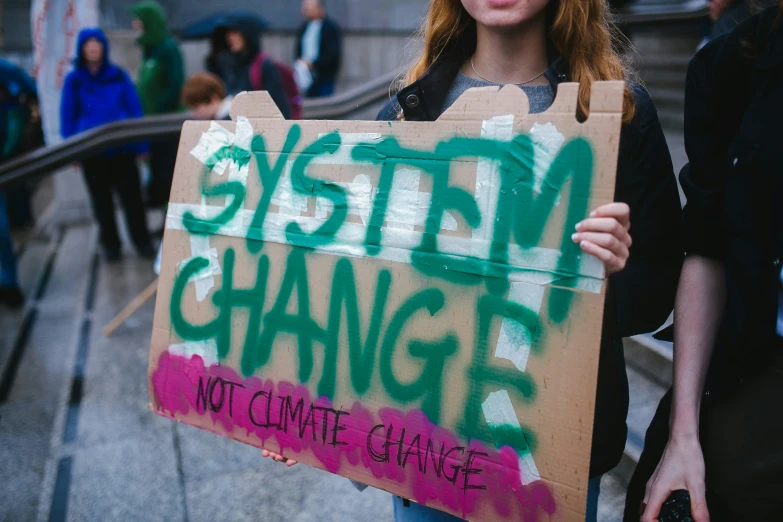 a woman holding a sign that reads system change is not climate change