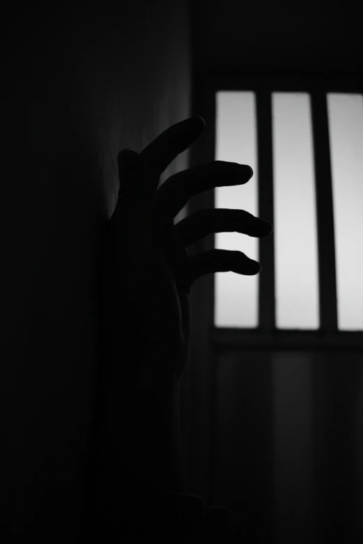 the dark shadow of someone's hands holding the bars of a window