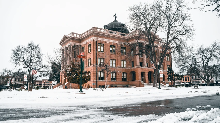 a large building sitting next to a tree covered in snow