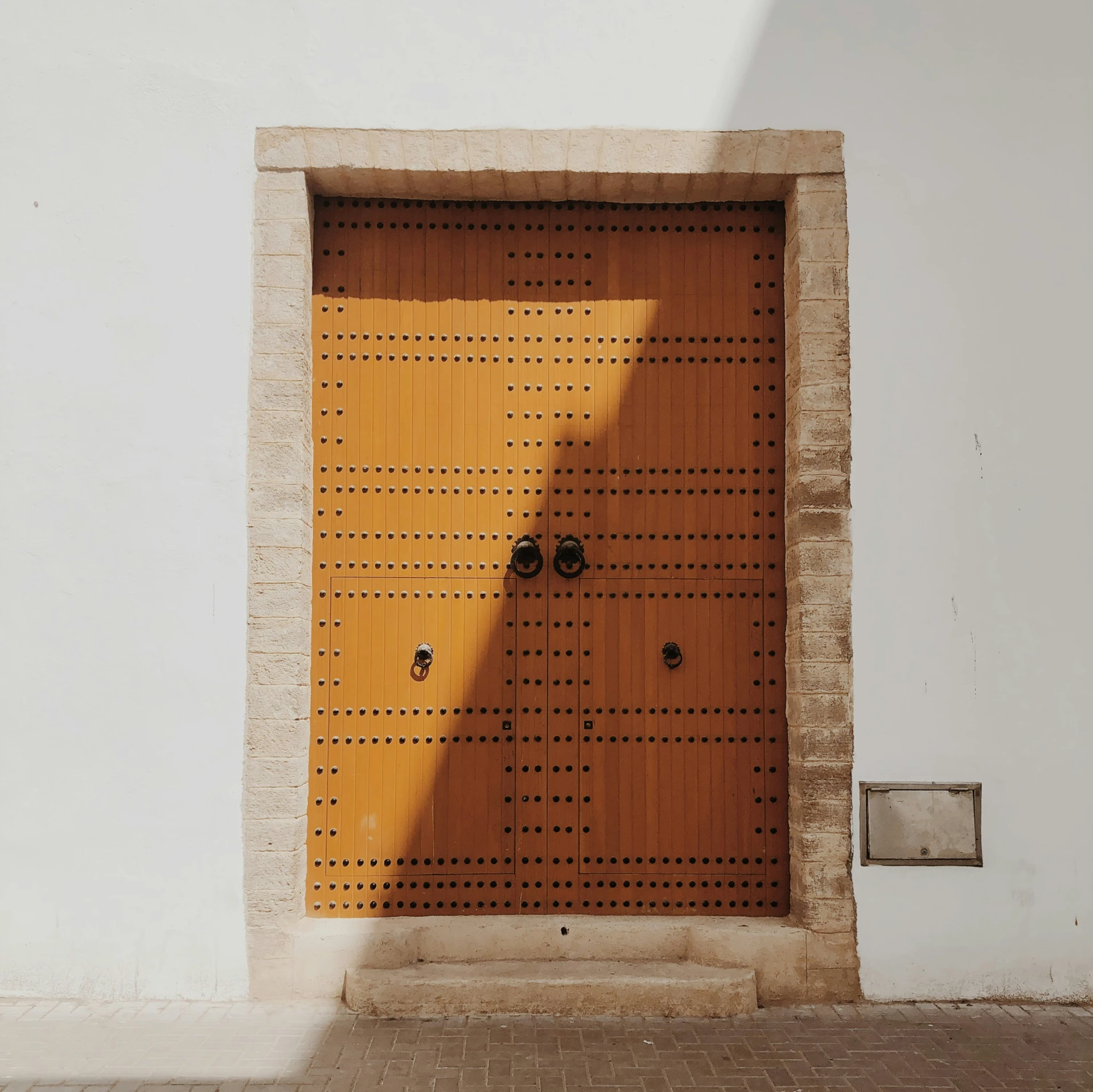 two door sitting side by side with a brick wall