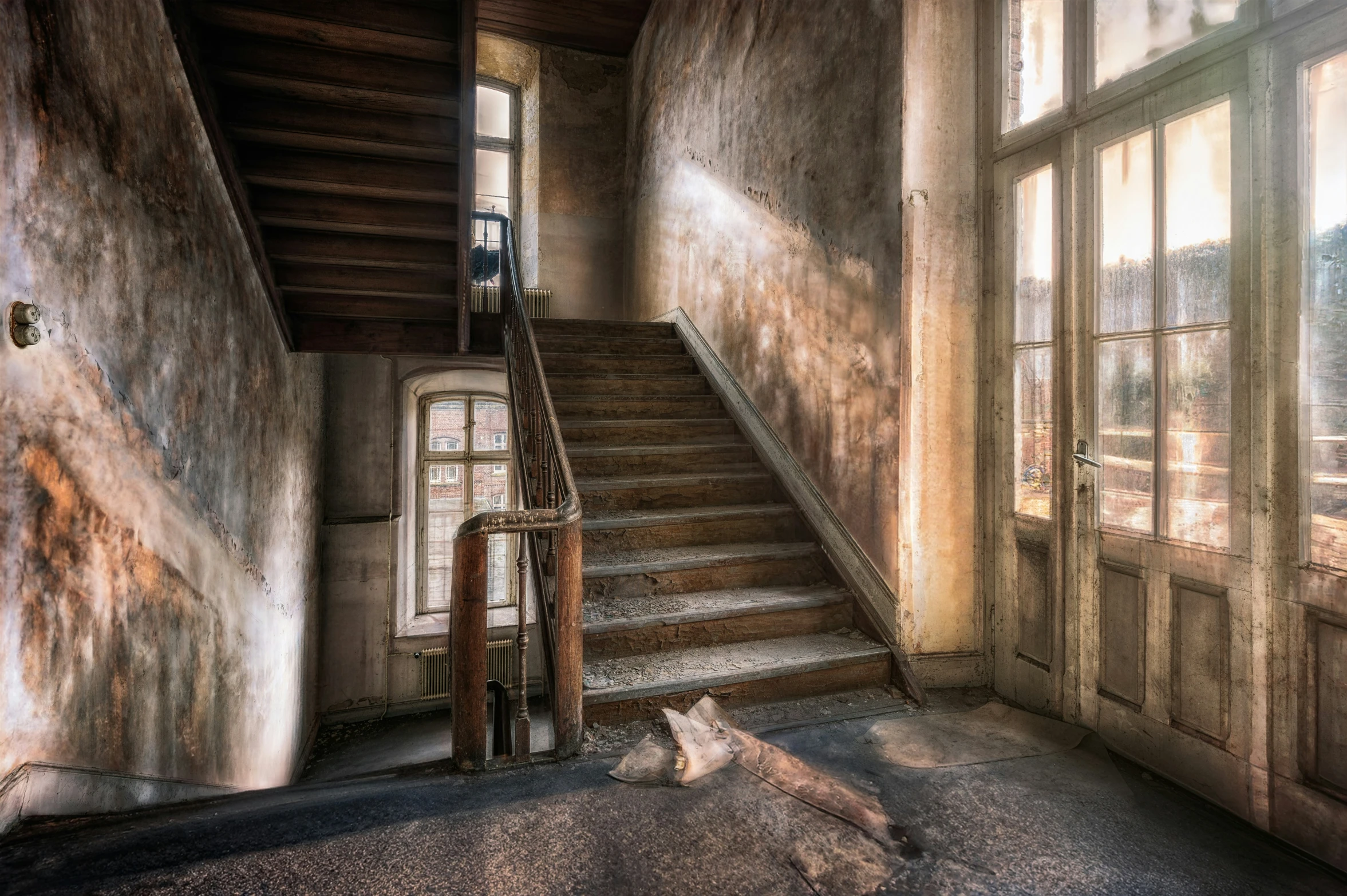 a large staircase with some windows and steps