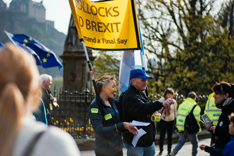 a group of people holding flags and signs