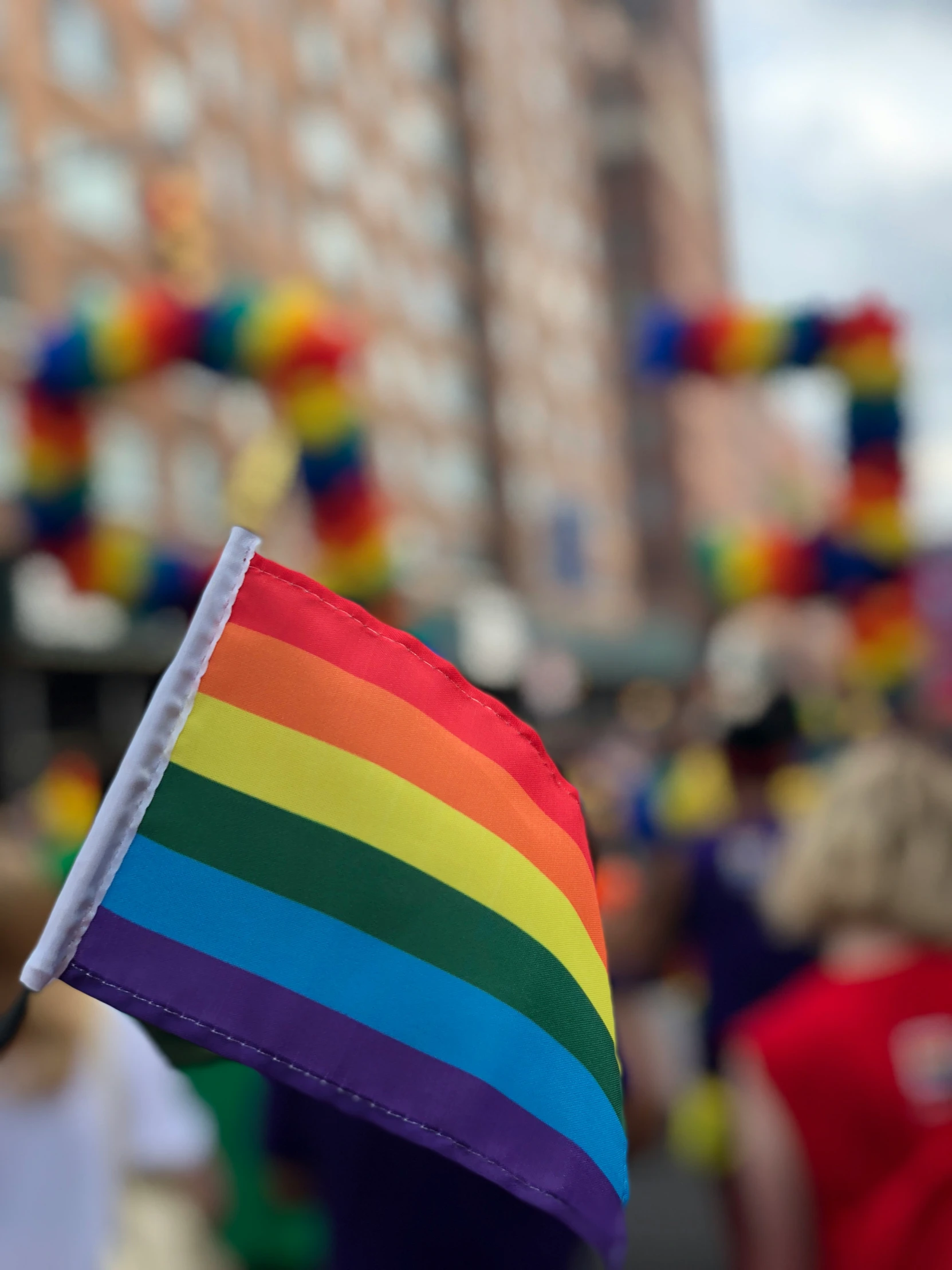 a person holds a multi - colored flag as the parade marches down the street