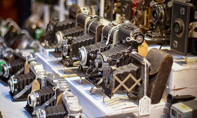 many old antique cameras are on display at the camera shop