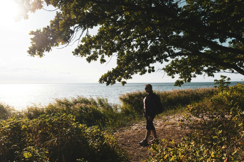 a person standing on the side of a hill near the ocean