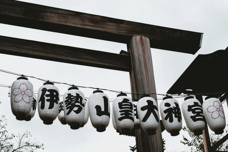 a row of lanterns with asian writing hanging on a telephone pole