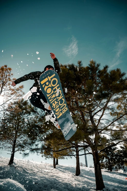 a man flying through the air while riding a snowboard