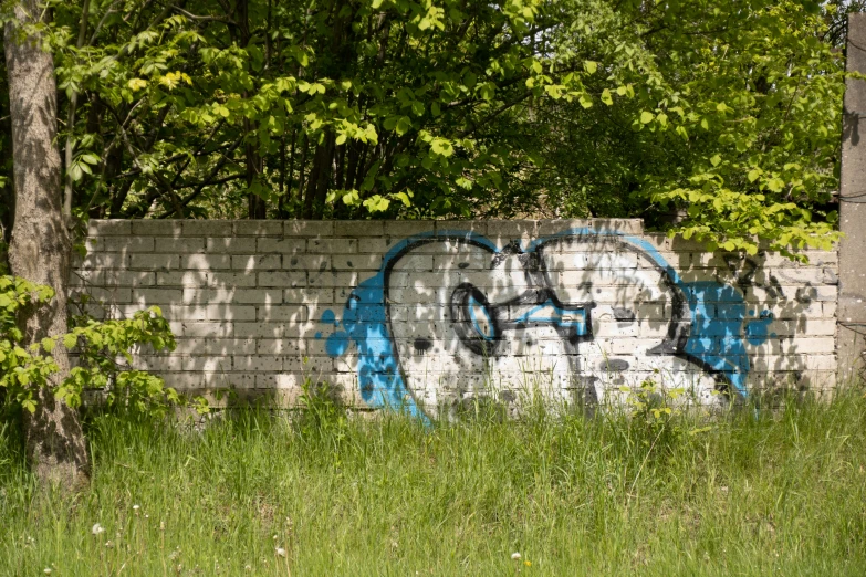 a graffiti writing in the grass on top of a brick wall