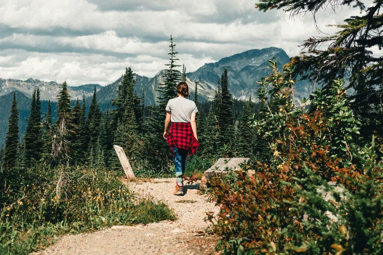 a person stands at the top of a trail