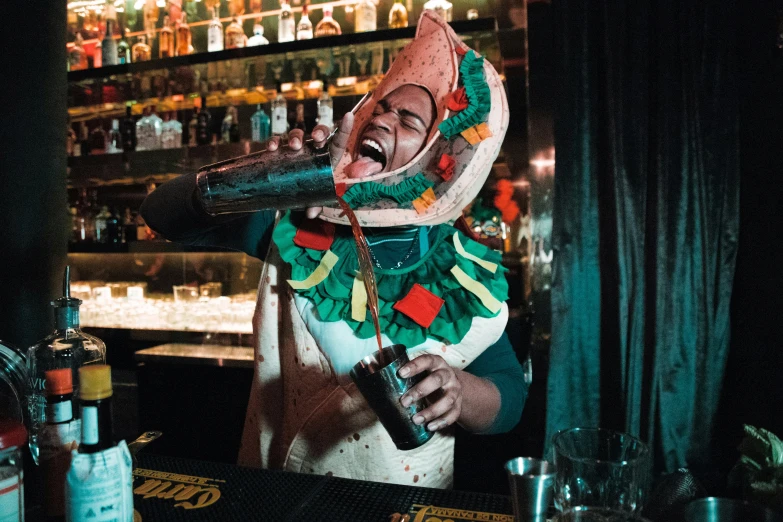 a large figure at a bar singing a song